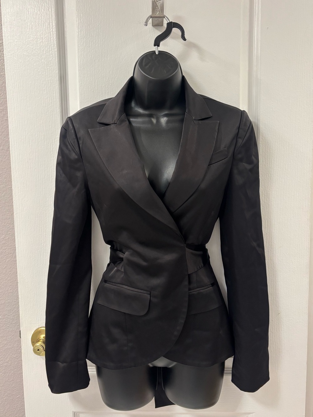BCBGMaxAzria Satin Tailored Single-Breast Black Wrap Tie Back Blazer Classic XS - Picture 1 of 9